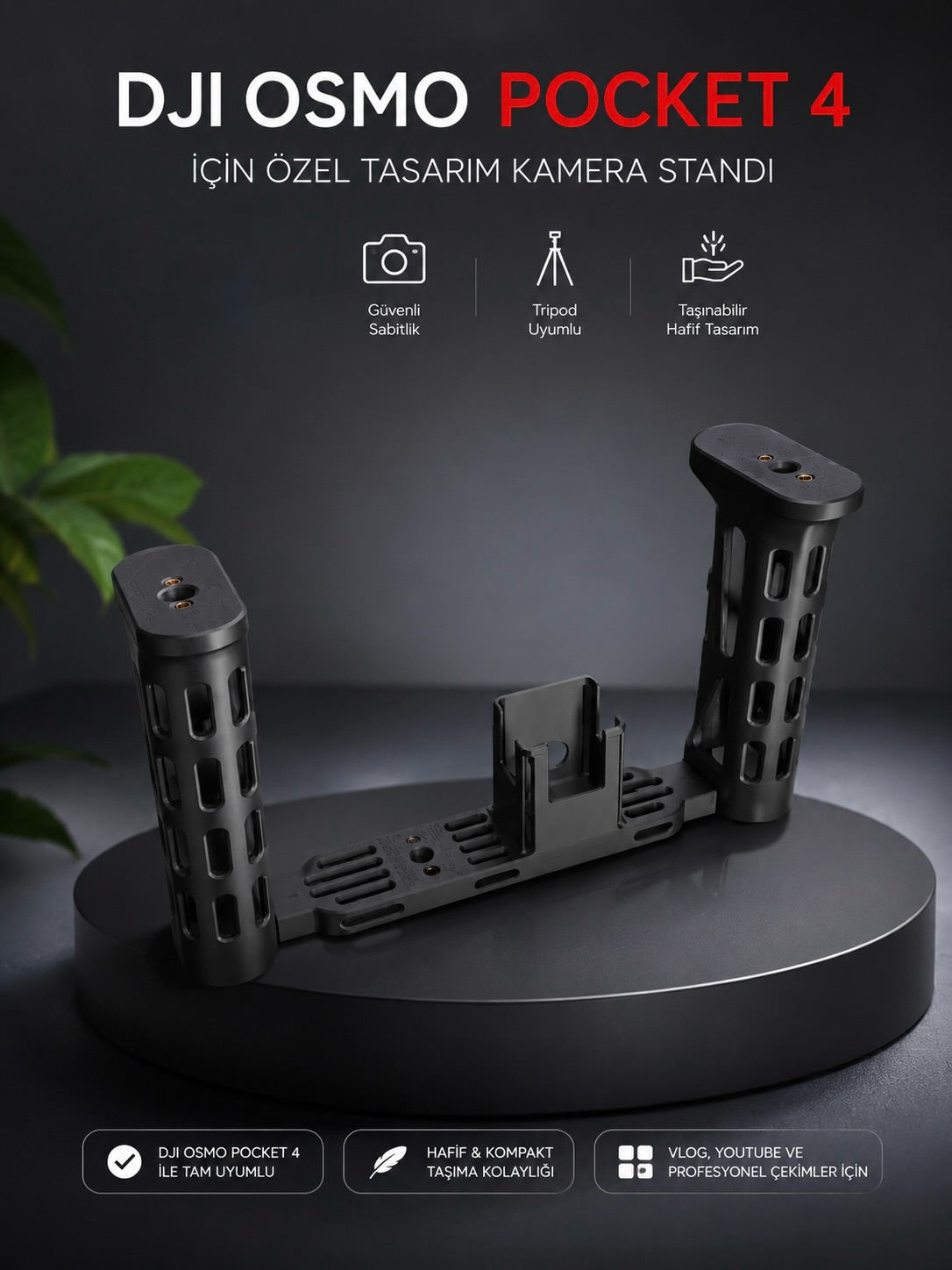 Black 3D-printed support stand for a compact DJI camera