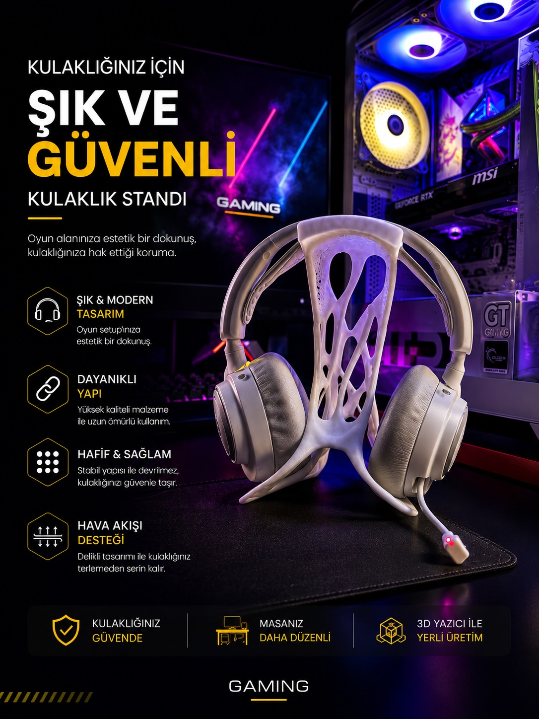 Purple 3D-printed gaming headset stand in a colorful desktop setup