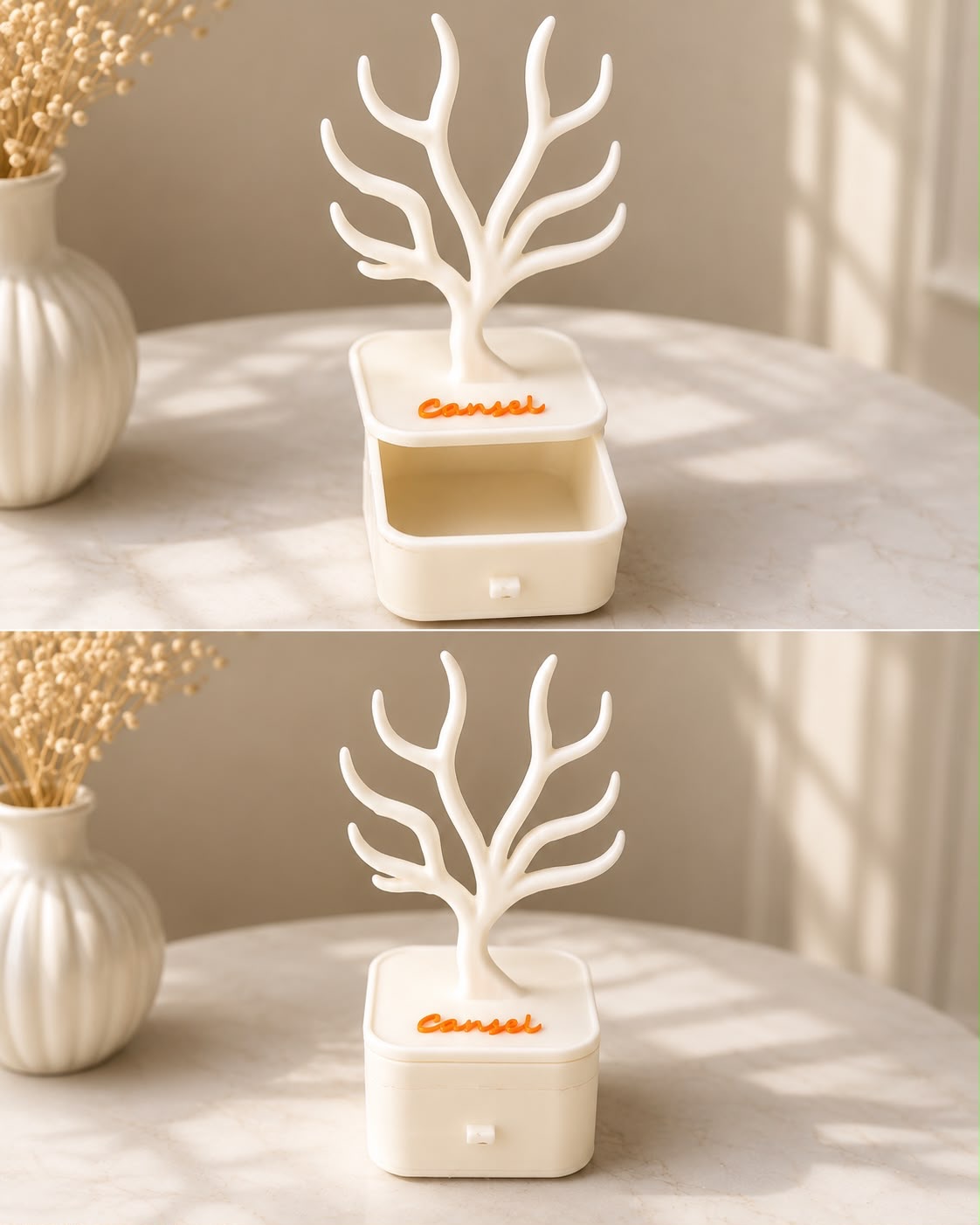 White 3D-printed jewelry tree with a personalized tray